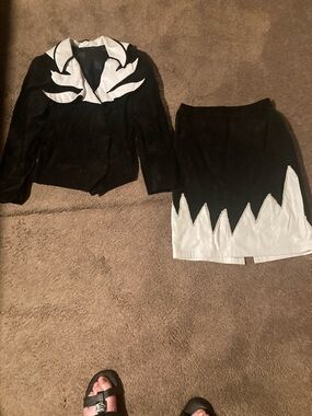 Unique and beautiful white leather and black suede evening suit